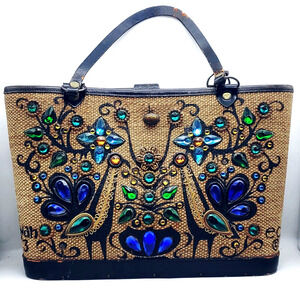 Vintage Enid Collins Purse Pavan Pheasant Peacock Blue Jewels Wooden Base Bucket